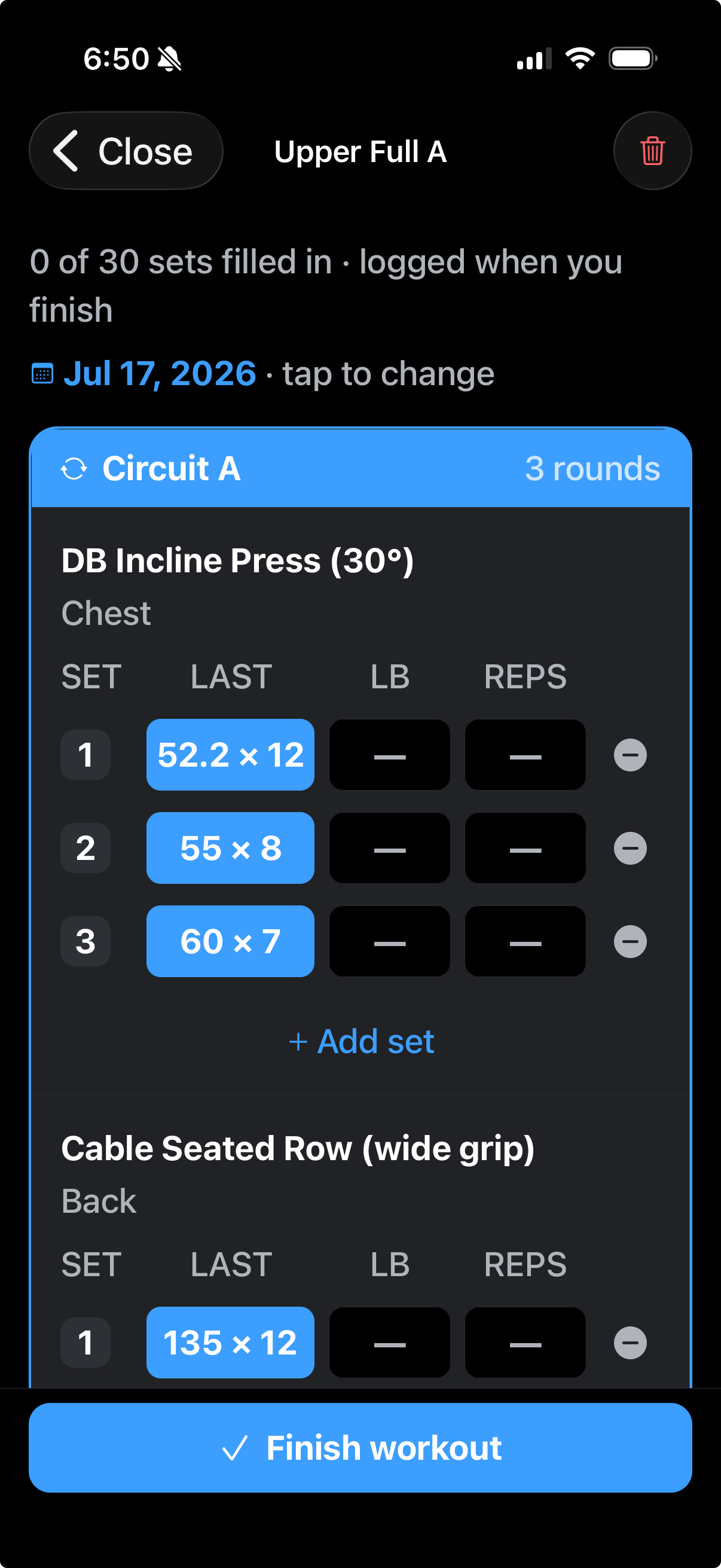 SetWell active workout screen showing Circuit A with three rounds and a set-logging table