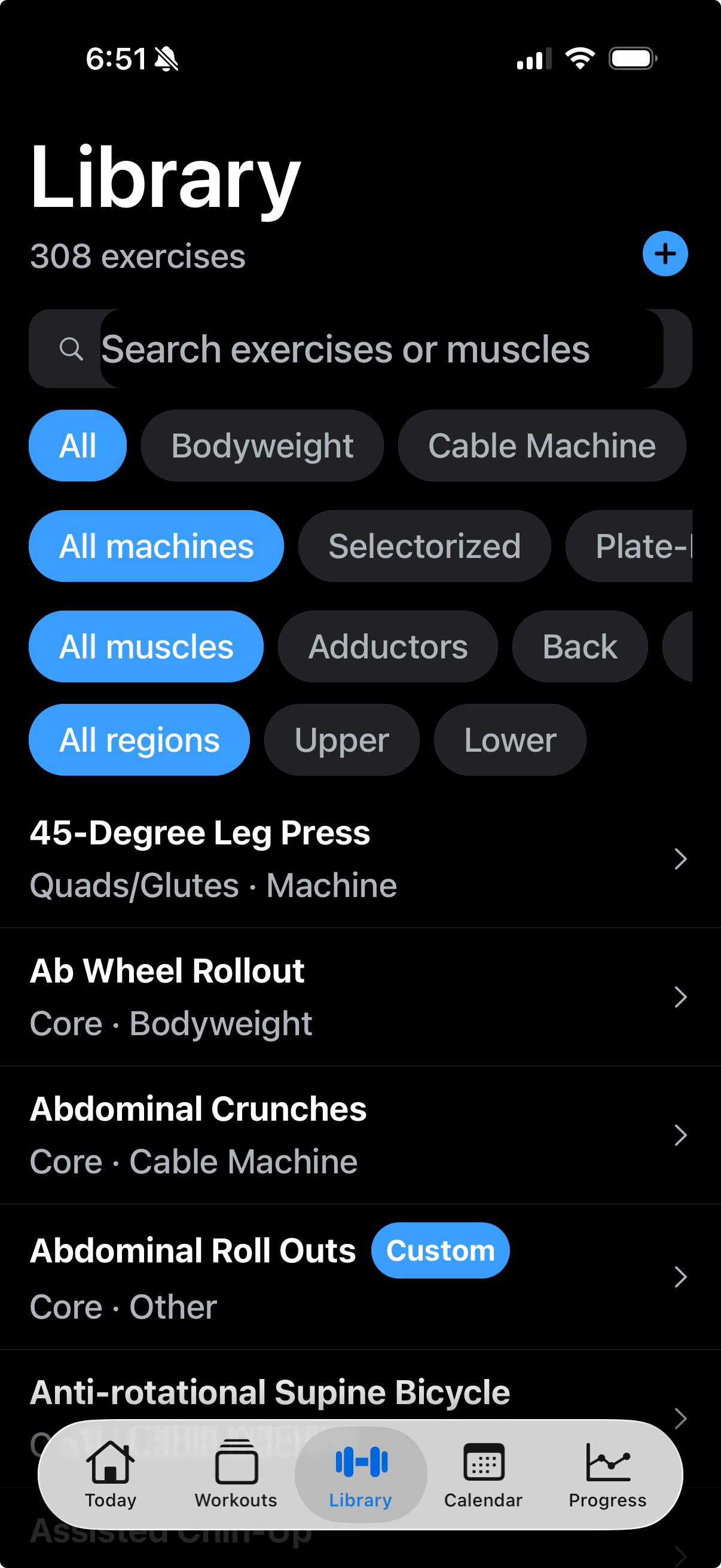 SetWell exercise library with 308 exercises and filters for equipment, muscle and region