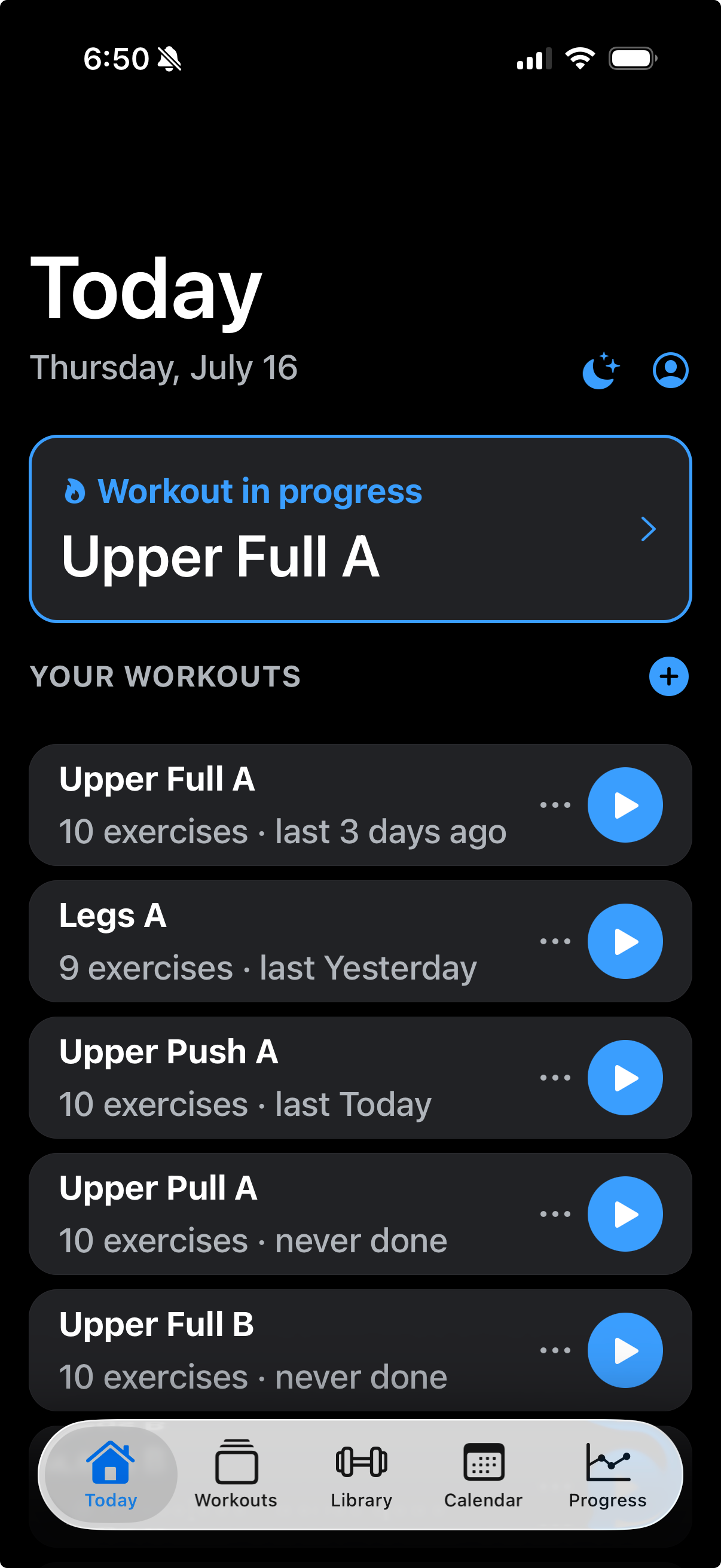SetWell Today screen showing a workout in progress and a list of saved workouts